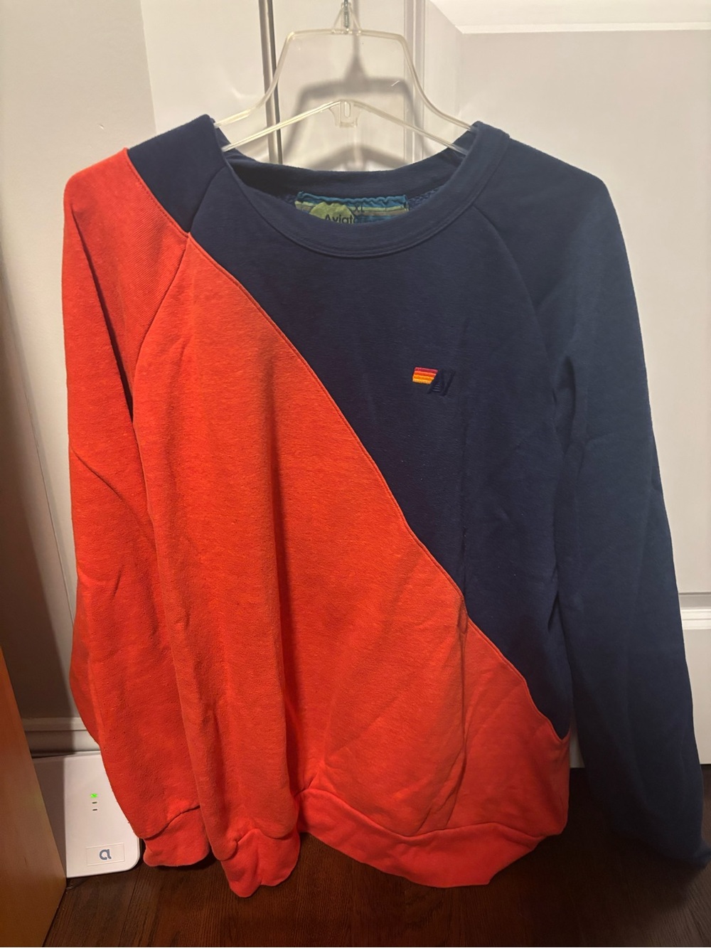 Aviator Nation Navy and Red Diagonal Colorblock Crewneck